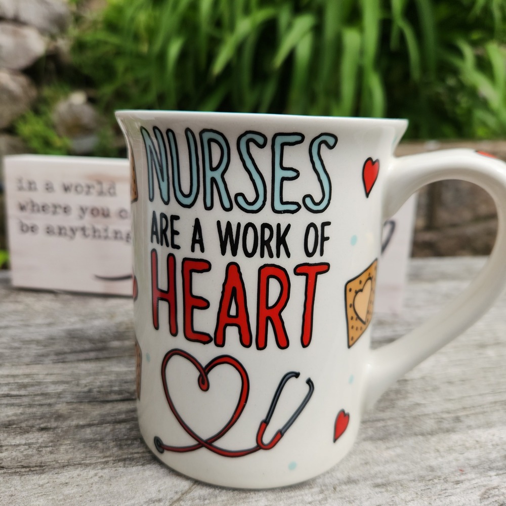 Our Name Is Mud  Nurses Are A Work Of Heart Ceramic Coffee Mug Teal White 16oz
